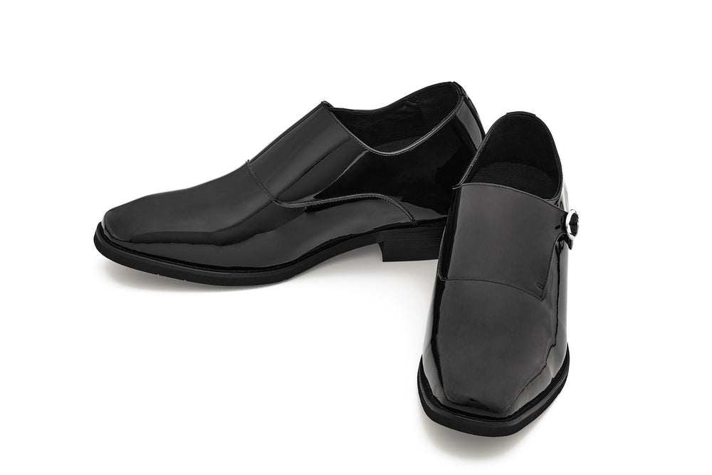 CALTO - Y1182 - 3.2 Inches Taller (Black) - Monk Strap Slip-On Patent Leather Dress Oxford