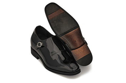 CALTO - Y1182 - 3.2 Inches Taller (Black) - Monk Strap Slip-On Patent Leather Dress Oxford