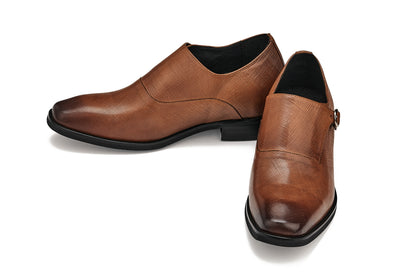 CALTO - Y1181 - 3.2 Inches Taller (Sand Brown) - Lightweight Monk Strap Slip-On Dress Shoes