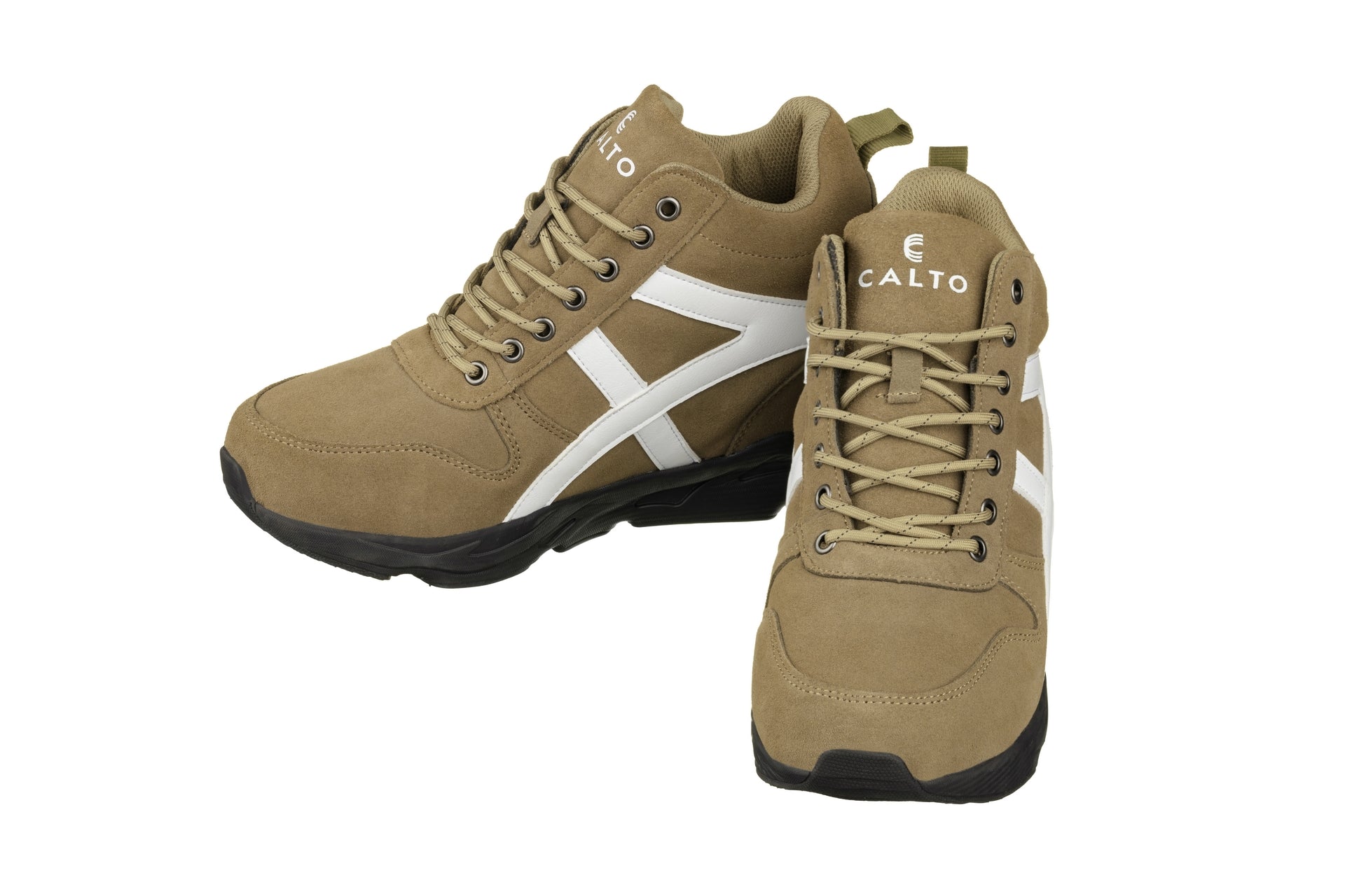 Elevator shoes height increase CALTO - S22782 - 3.6 Inches Taller (Khaki/White) - Hiking Style Boots