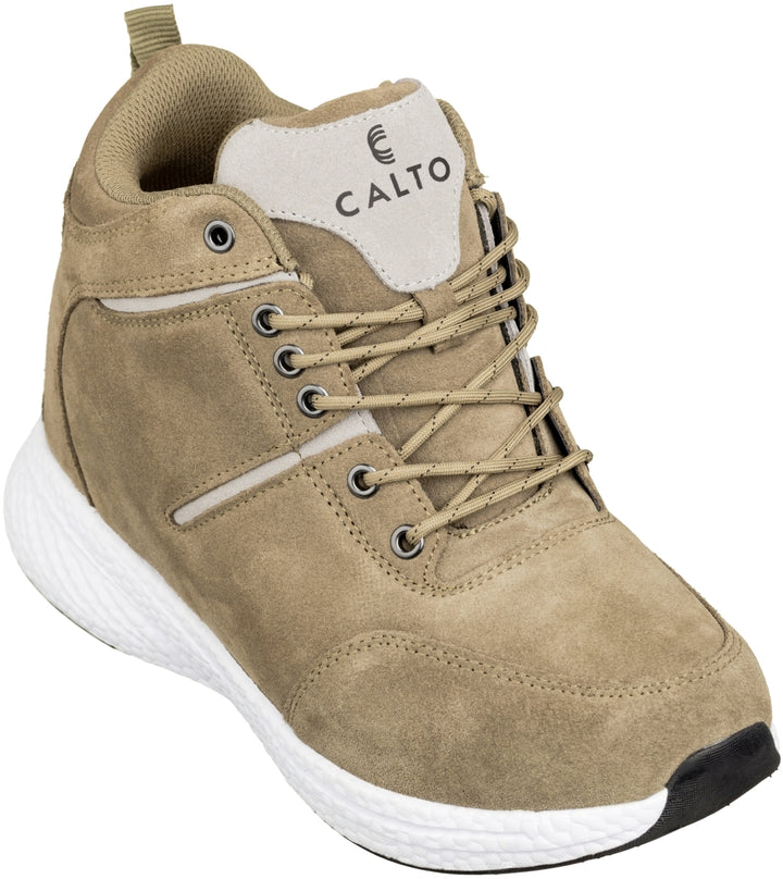 Elevator shoes height increase CALTO - S22819 - 3.6 Inches Taller (Khaki/Grey) - High - Top Sneakers