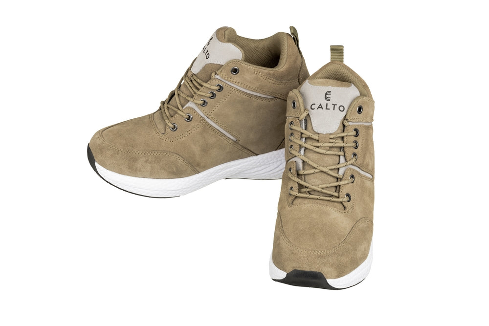 Elevator shoes height increase CALTO - S22819 - 3.6 Inches Taller (Khaki/Grey) - High - Top Sneakers