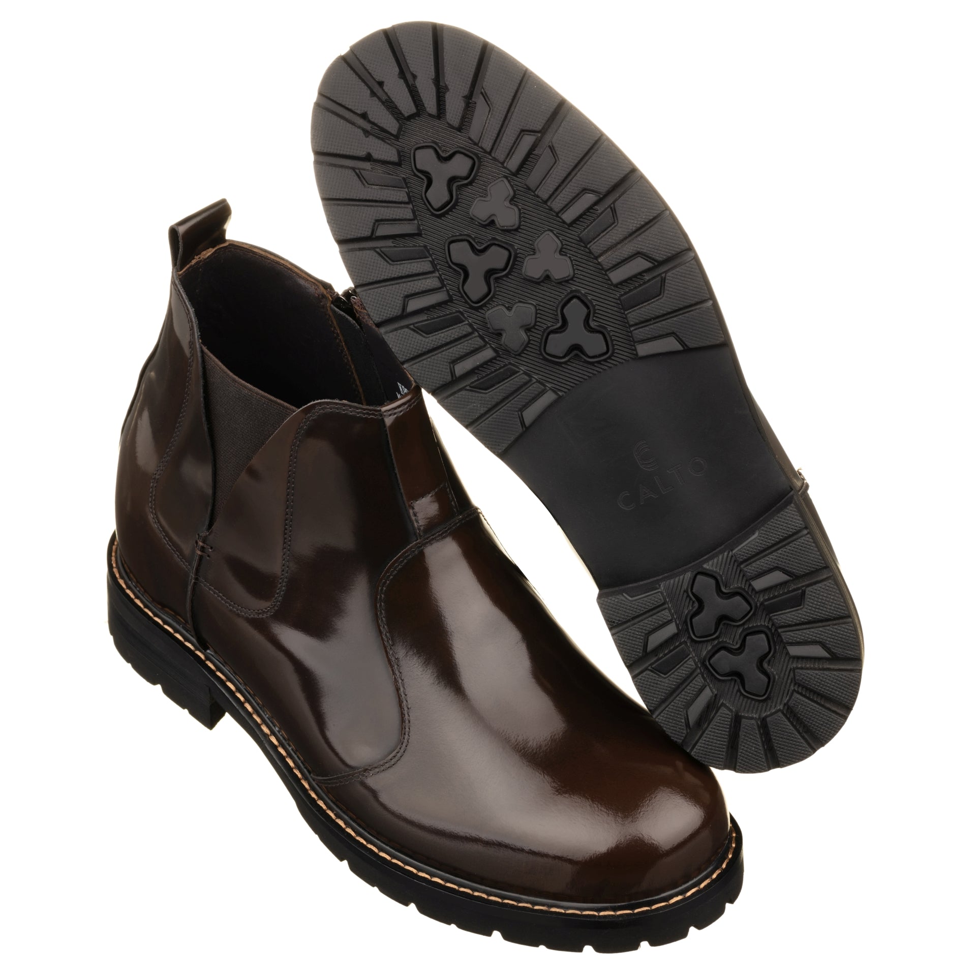 Elevator shoes height increase CALTO - K8992 - 3.6 Inches Taller (Coffee Brown) - Patent Leather Boot