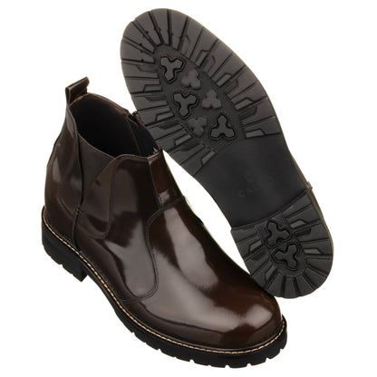 Elevator shoes height increase CALTO - K8992 - 3.6 Inches Taller (Coffee Brown) - Patent Leather Boot