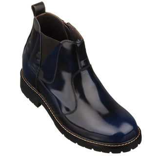 Elevator shoes height increase CALTO - K8993 - 3.6 Inches Taller (Dark Blue) - Patent Leather Boot