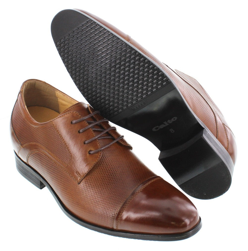 Elevator shoes height increase CALTO Brown Leather Dress Shoes - Three Inches - Y40201