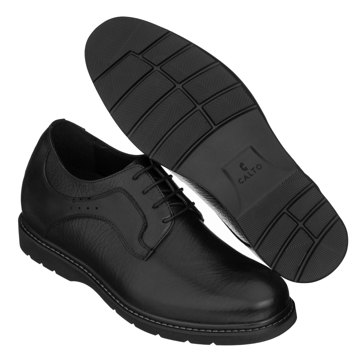 Elevator shoes height increase CALTO 2.8" Taller Black Pebble-Grain Casual Elevator Shoes