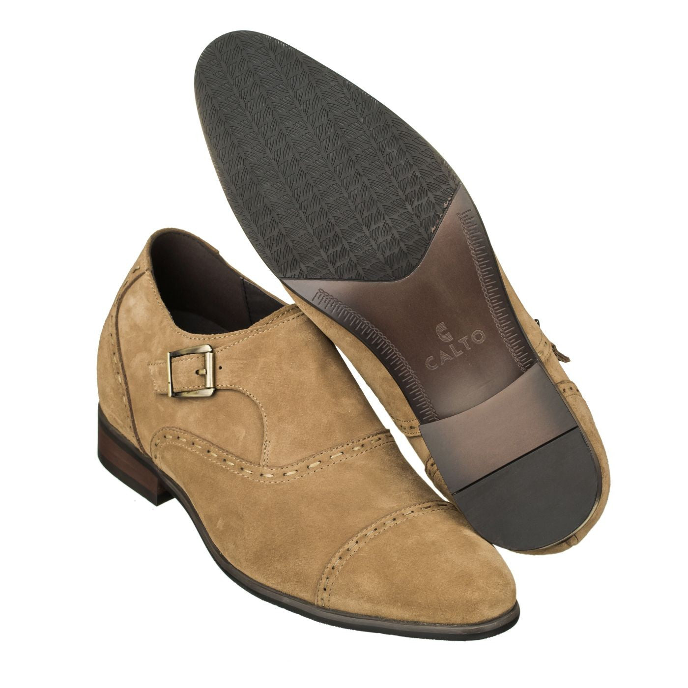 Elevator shoes height increase Slip-On CALTO Khaki Dress Shoes - Three Inches - S1085