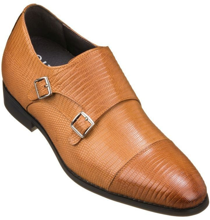 Elevator shoes height increase CALTO - K3115 - 2.8 Inches Taller (Brown) - Dual Monk Strap