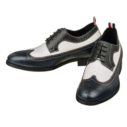 Elevator shoes height increase CALTO - S0810 Tri-Color Derby Wingtip Dress Shoes 3 Inch Taller (Navy/White/Black)